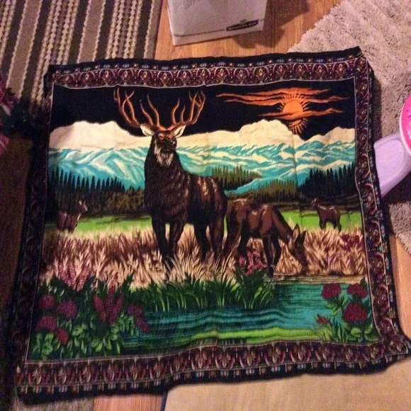 Vintage Velvet Deer Buck Mountain Felt Tapestry