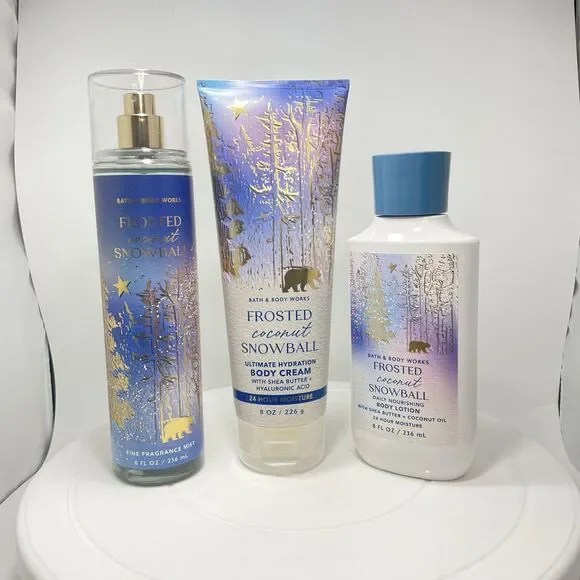 Bath & Body Works Frosted Coconut Snowball 3 Pc Set Mist Cream Lotion Retired