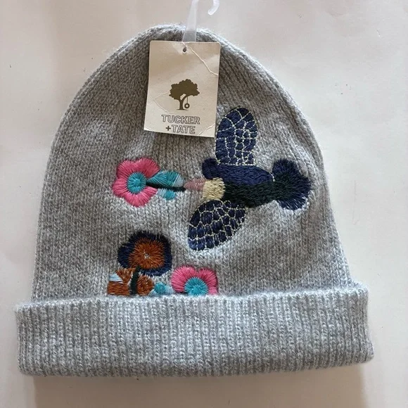 Tucker + Tate Kids Gray Embroidered Bird Floral Beanie