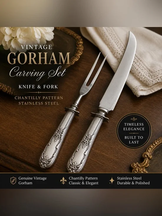 Vintage Gorham Chantilly Carving Set Knife & Fork Silver Handle Stainless Steel