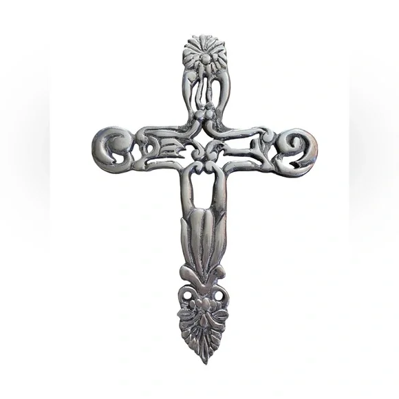 Large 15” Vintage Ornate Metal Wall Cross Cast Aluminum
