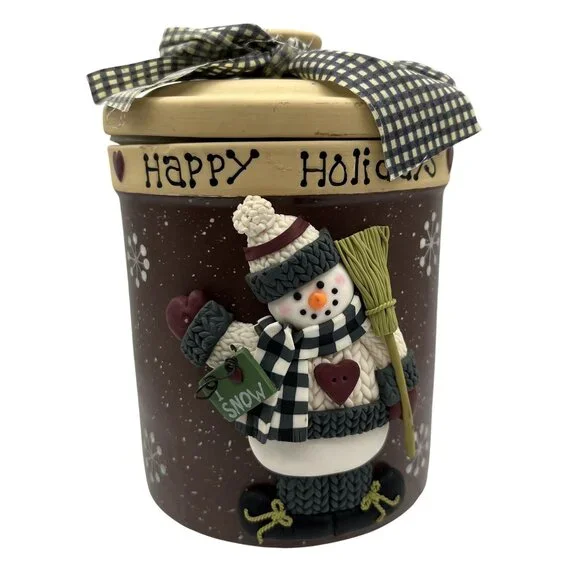 Happy Holidays 3D Snowman Ceramic Cookie Jar Lid Bow 7
