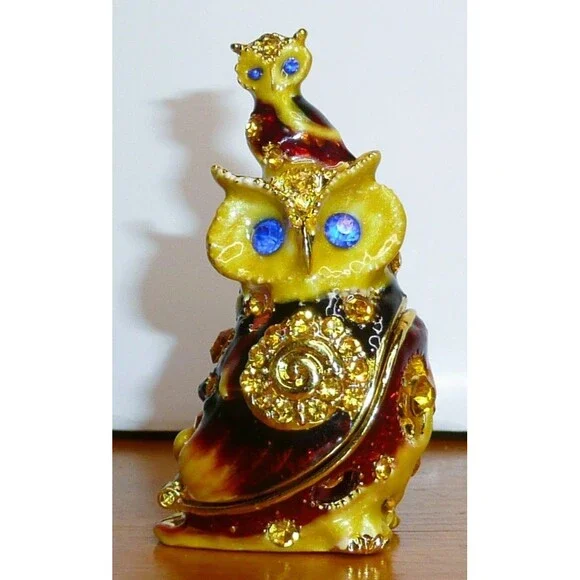 Cherished Treasures Jeweled Collection Enamel Mom & Baby Owl Hinged Trinket Box