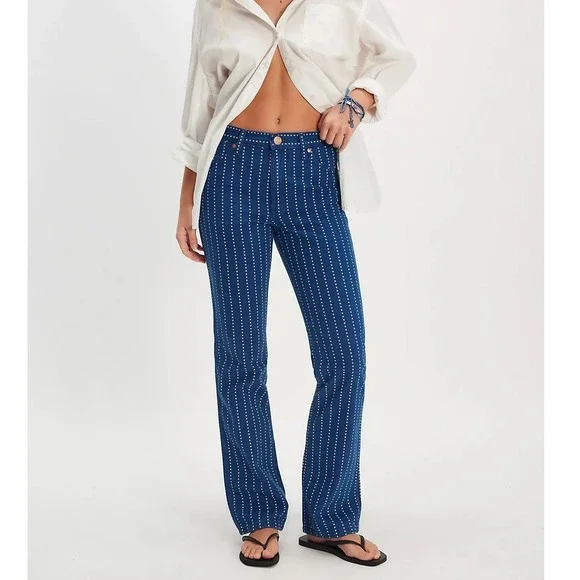 NWT Wrangler Wrancher Pin Star Boot Jeans Blue White Striped Size 26x31