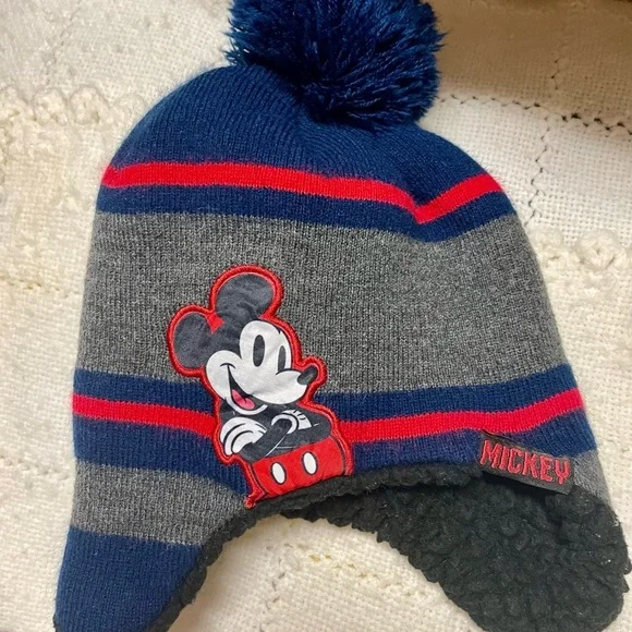 Disney Mickey Mouse Striped Hat - Navy and Charcoal Kids Beanie Winter ski hat