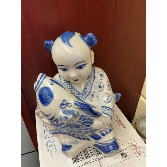 Chinese Blue and White Porcelain Boy with Koi Fish Figurine Chinoiserie Decor
