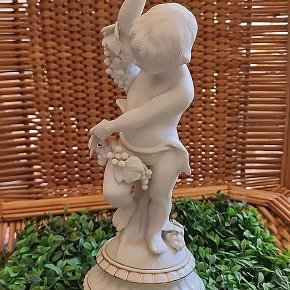 Vintage Bisque Porcelain Cherub Boy Holding Grapes Andrea By Sadek 1952