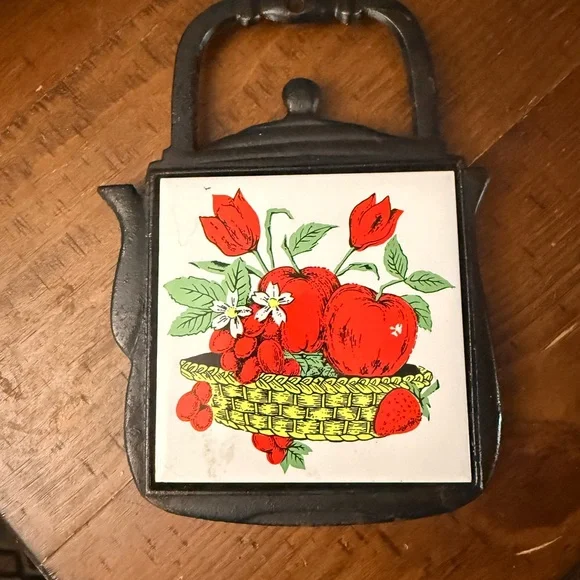 Vintage Cast Iron Teapot Ceramic Trivet with Fruit Design