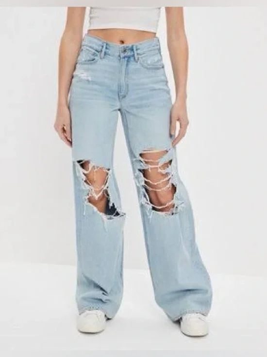 Aeropostale 90's Baggy High Rise Button Fly Straight Leg Jeans W/ Destruction