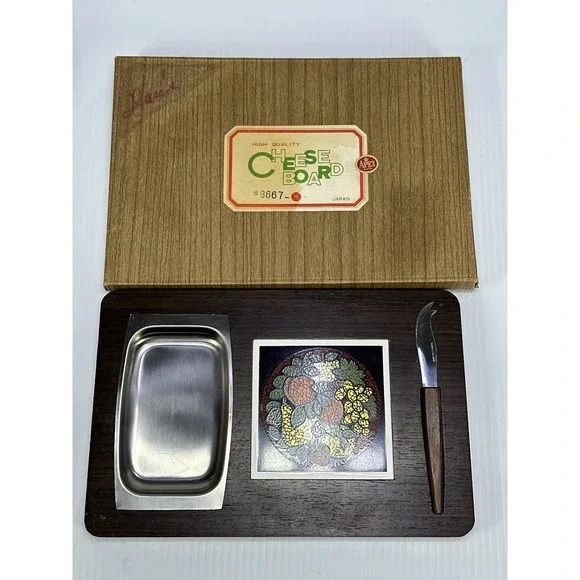 Vintage 1970s Wooden Cheese Board Knife Ceramic Tile Metal Tray Never Used NIB