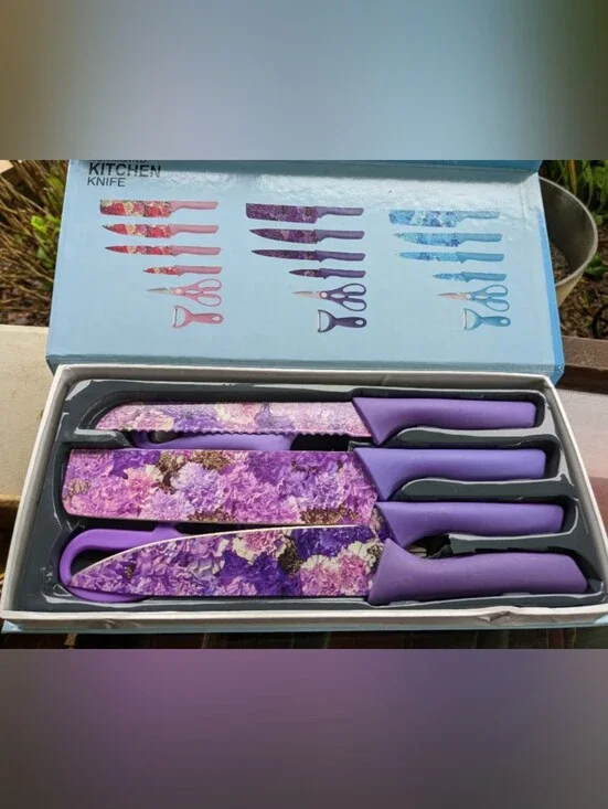 6pc Purple Floral Kitchen Knife Set New Stainless Steel Chef Knife Kitchen Decor