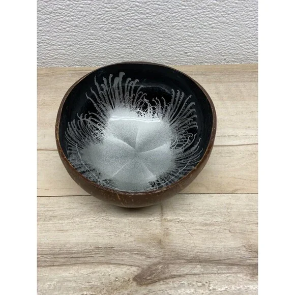 Coconut Shell Bowl Silver And Black Splash Hand Made And Painted