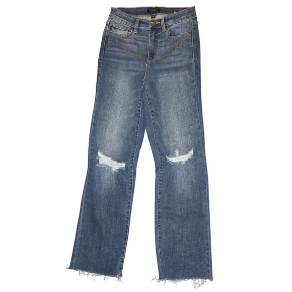 Judy Blue Women's Straight Fit Jeans Blue Distressed Ripped Raw Hem Size 5 27‎