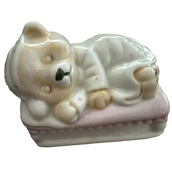Vintage Sleeping Baby Bear Coin Bank Ceramic Pink White Nursery Decor Cute