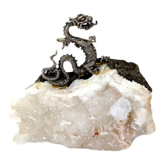 Vintage Pewter Dragon On Quartz Crystal Black Rock White Veining
