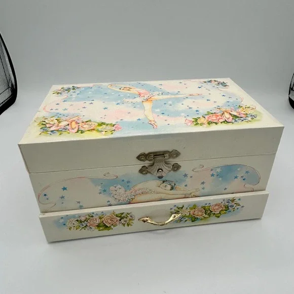 Vintage 1986 Lillian Vernon Ballerina Musical Jewelry Box Pink White Stars 8in