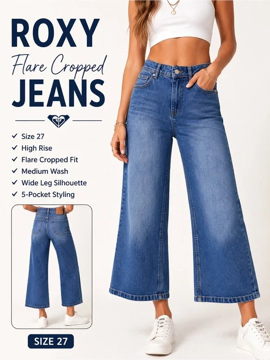 Roxy Flare Cropped Wide Leg Jeans Size 27 Medium Wash High Rise Denim