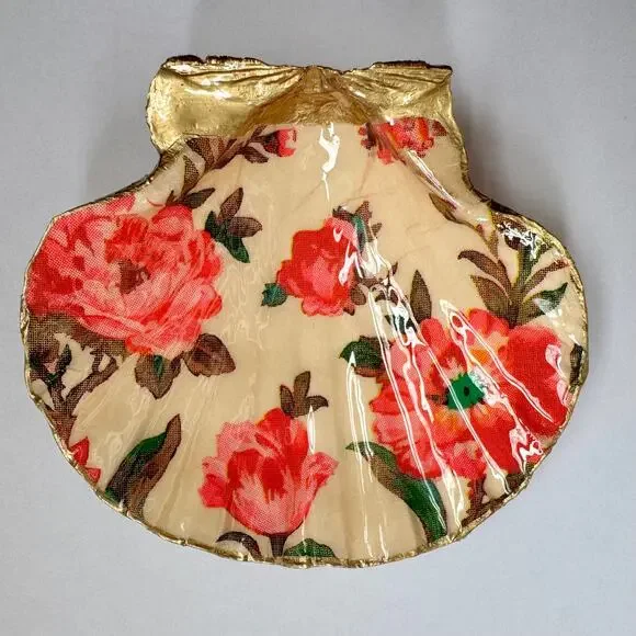 Vintage Pink Rose Floral Seashell Trinket Dish