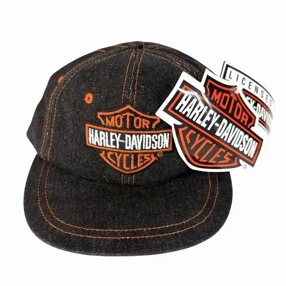 Harley Davidson Bar & Shield Snapback Vtg Denim Jean Hat Cap Black Orange Youth