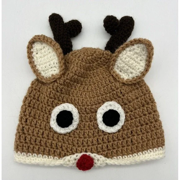 Handmade Crochet Rudolph The Red Nose Reindeer Winter Hat Beanie Antlers‎