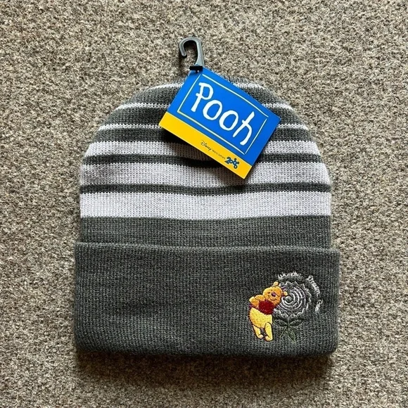 NWT 2000s Vintage Winnie The Pooh Grey Stripe Knit Beanie Embroidered Cuffed Y2K