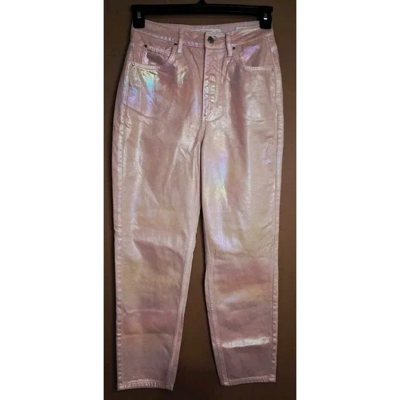 Guess Pink Mom Jeans Womens Size 28 High Waisted Tapered Metallic Rainbow 26x26