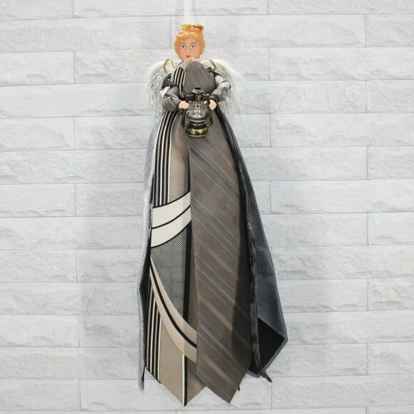 UPCYCLED Angel Necktie Wall Art Tree Topper Christmas Home Decor Grey