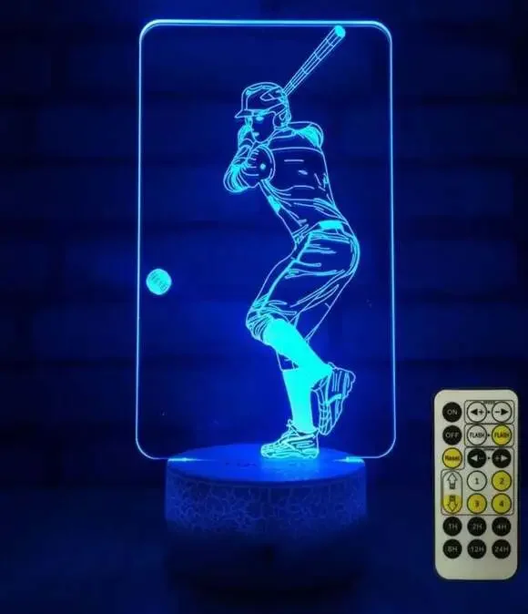 FlyonSea Baseball Player 3D Illusion LED Night Light with Remote Control