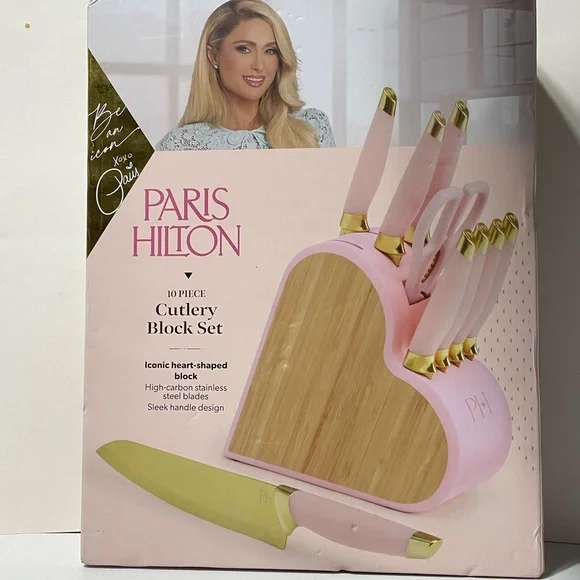 Paris Hilton 10-Piece Heart-Shaped Stainless Steel Knife Block Set, Pink NWT