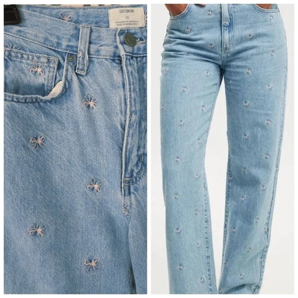 Cotton On Pink Bow Embroidered Loose Straight Jeans