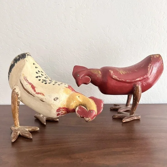 Vintage Wooden Pecking Hens Pair (2)‎ Red Farmhouse Folk Art Large