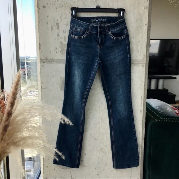 Wired Heart Dark Wash with Embroidered Cross Boot Cut Trouser Jeans 27