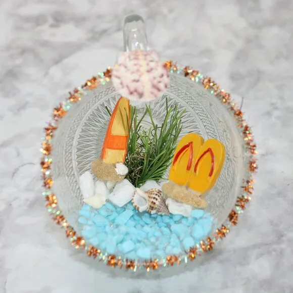 HAND CRAFTED Surfboard Beach Decor Ornament Upcycled Cup Flip Flops Shells