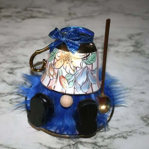 HAND CRAFTED Gnome Tea Cup and Saucer Set Floral Metallic Home Decor Blue