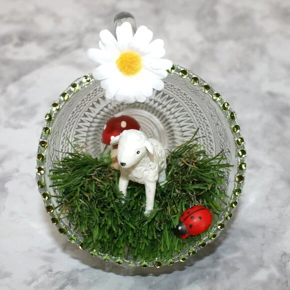 HAND CRAFTED Lamb Farmhouse Decor Ornament Upcycled Cup Grass Easter White