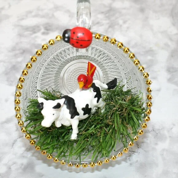 HAND CRAFTED Cow Farmhouse Decor Ornament Upcycled Cup Grass Black White
