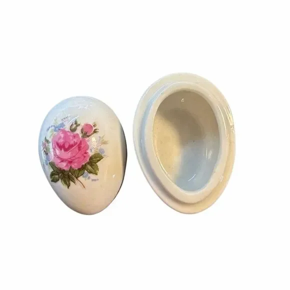 Vintage shackman made in Japan Ceramic Egg Trinket Box Rose lid Dish 1-1/2” x 2”