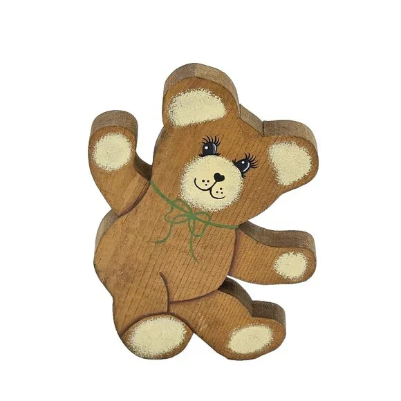 Vintage Handmade Wooden Country Teddy Bear Painted Shelf Sitters 80s Brown MCM