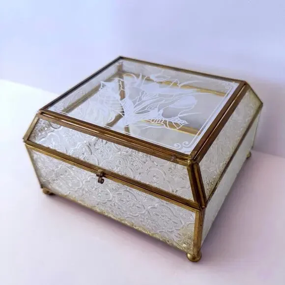 Vintage Brass Glass Box Mirror Floral Textured Side Footed Chain Latch 7 x 6 x 4