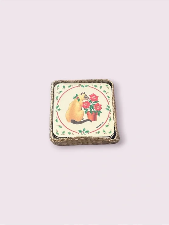Vintage 1992 Christmas Cat Coasters Set of 6 In Wicker Holder Holiday Decor