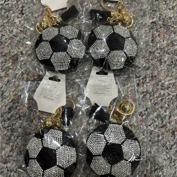 NWT4 soccer rhinestone keychains with tassels adorable