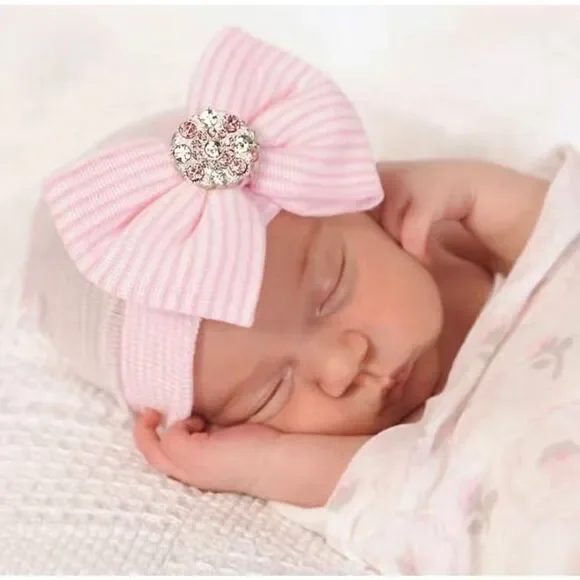 MiKoo New Newborn Bow and Rhinestone Jeweled Medallion Hospital Hat