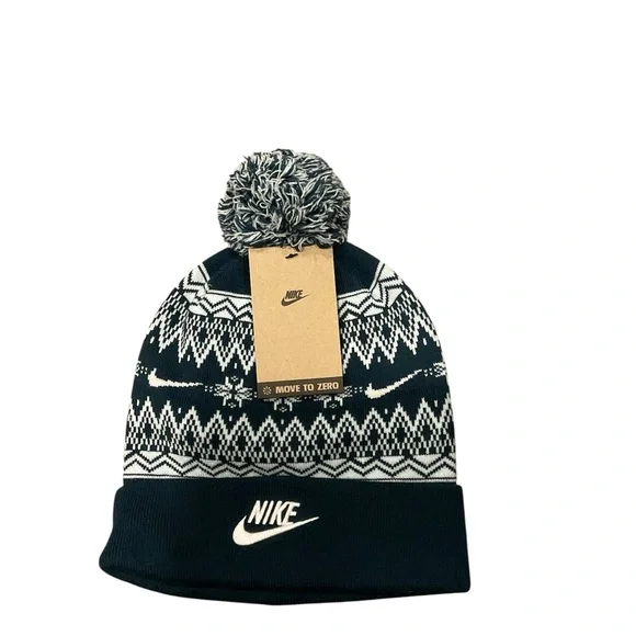Nike Kids Move To Zero Fair Isle Beanie Pom Knit Hat Navy White CW5871-451