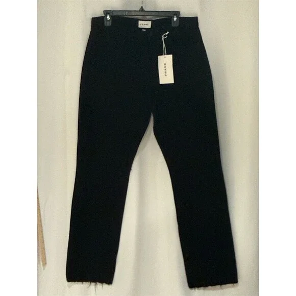 FRAME The Straight Baggy Jeans Womens Size 32 Black Wide-Leg Raw Hem