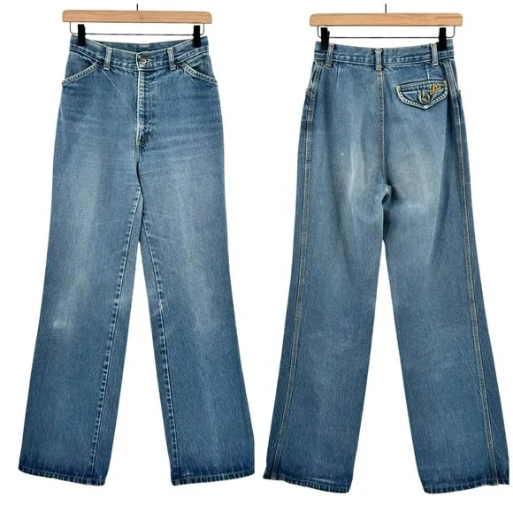 Vintage 70s Chic High Waisted Wide Leg Trouser Jeans 100% Cotton USA | 25