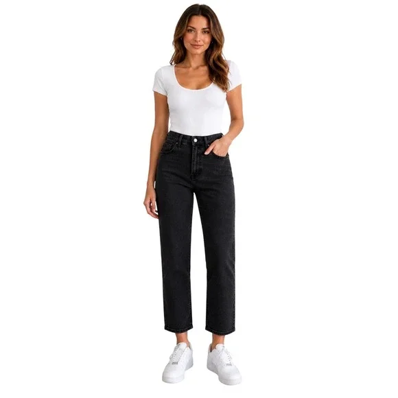 Good American High Rise Straight Leg Jeans Washed Black Size 6 / 28