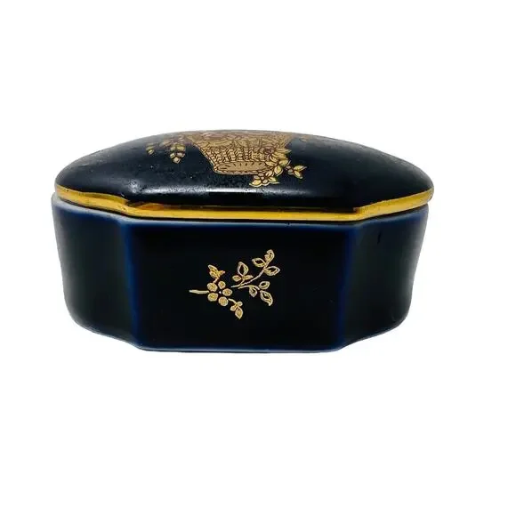 Limoges 24K Gold Castel Trinket Box Ceramic Gold Trim 24K Navy Blue