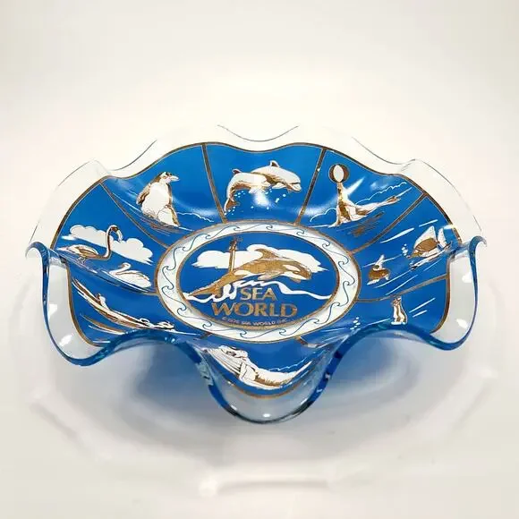 Vintage MCM Sea World Souvenir Blue Glass Decorative Bowl / Dish | 1976 Shamu
