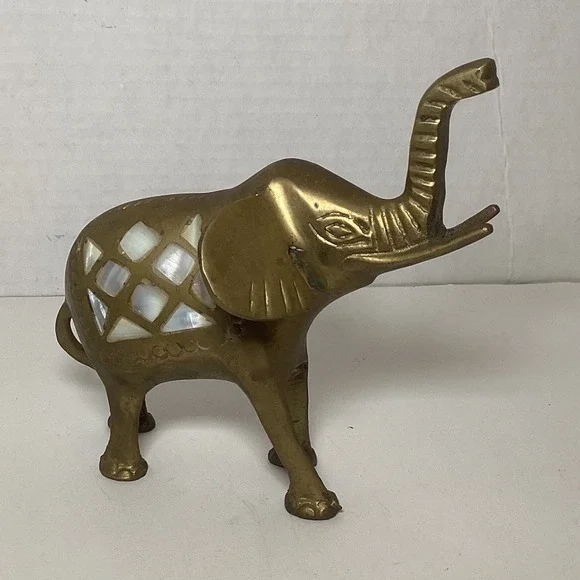Vintage Brass Elephant Figurine Mother of Pearl Inlay Trunk Up Good Luck Decor