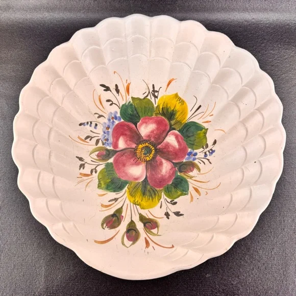 Vintage Italian Pottery Large Scalloped Edge Bowl Hand Painted Florals